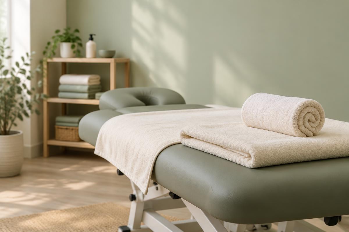 A calm treatment room with a padded therapy table and neatly folded towels